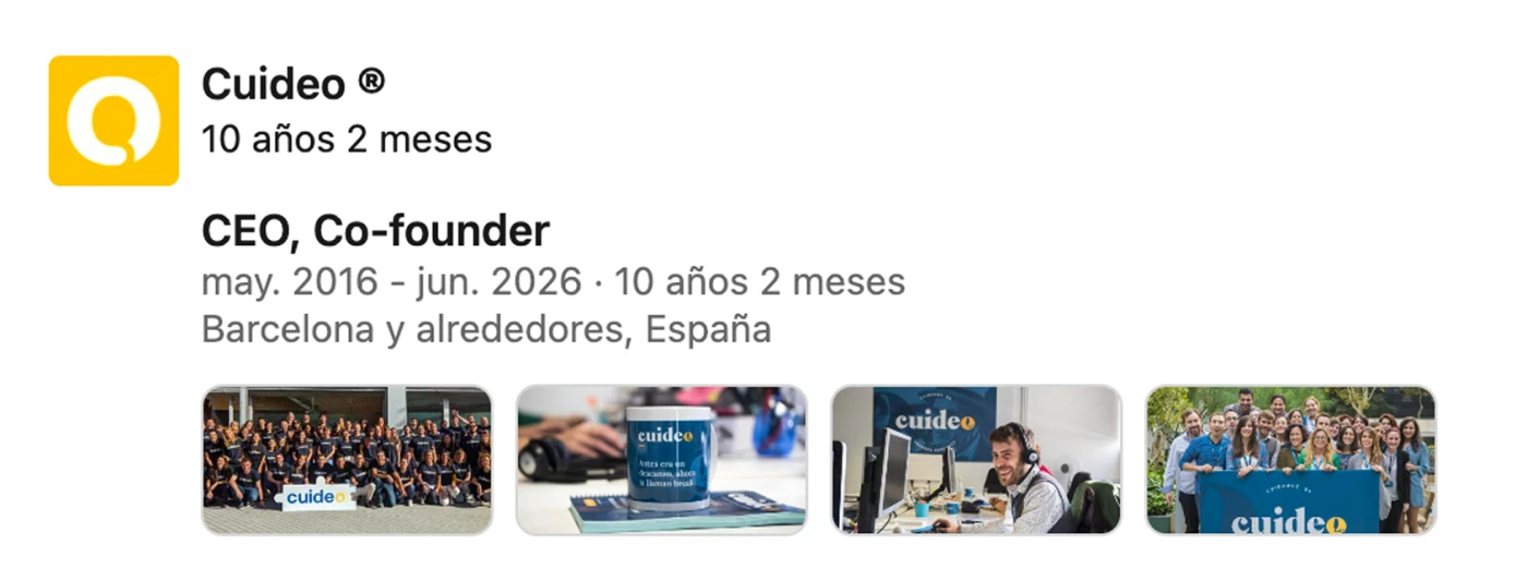 Cuideo — CEO & Co-founder, 2016–2026 (LinkedIn)